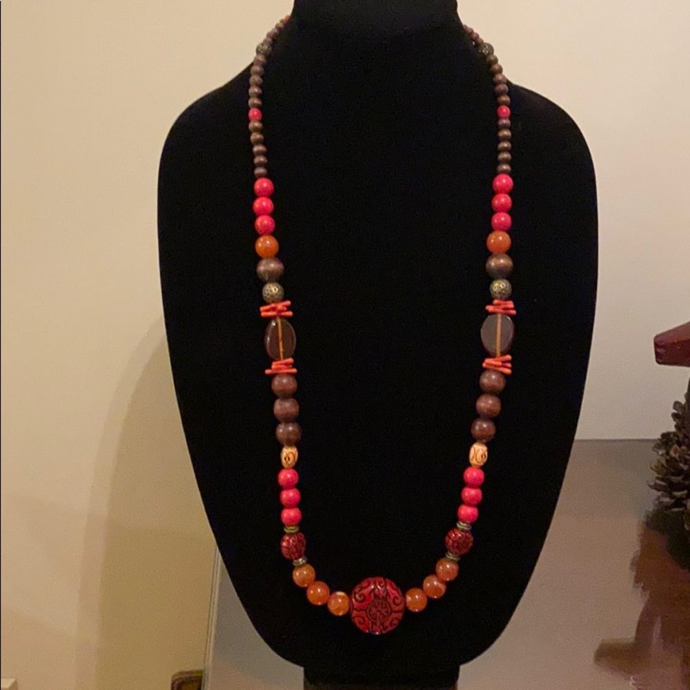 Long 32” multicolor beaded necklace with medallion